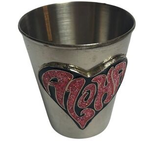 Aloha Heart Stainless Steel Shot Glass Pink Glitter Hawaii Souvenir Silver